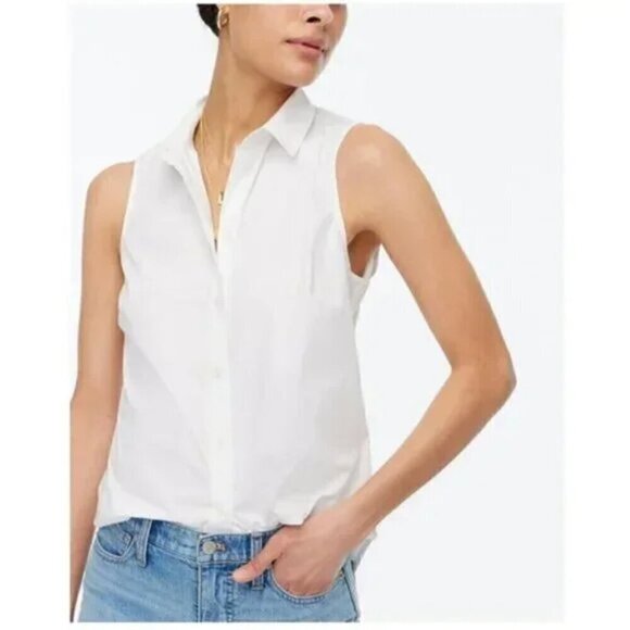 J. Crew Petite Sleeveless Cotton Poplin Shirt Signature Fit White Size MP NWT - Picture 1 of 7